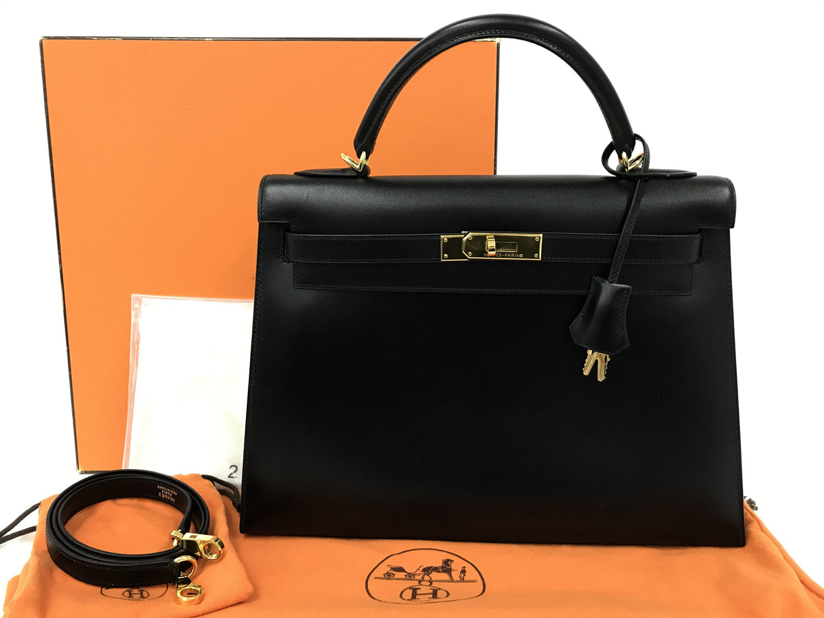 HERMES Kelly Kelly 32 box calf □F engraving black handbag