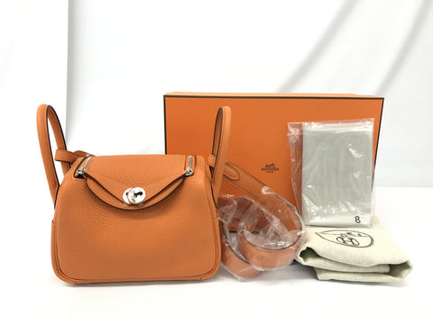 HERMES Lindy Mini Orange Taurillon Clemence Silver Hardware U Engraved Shoulder Bag