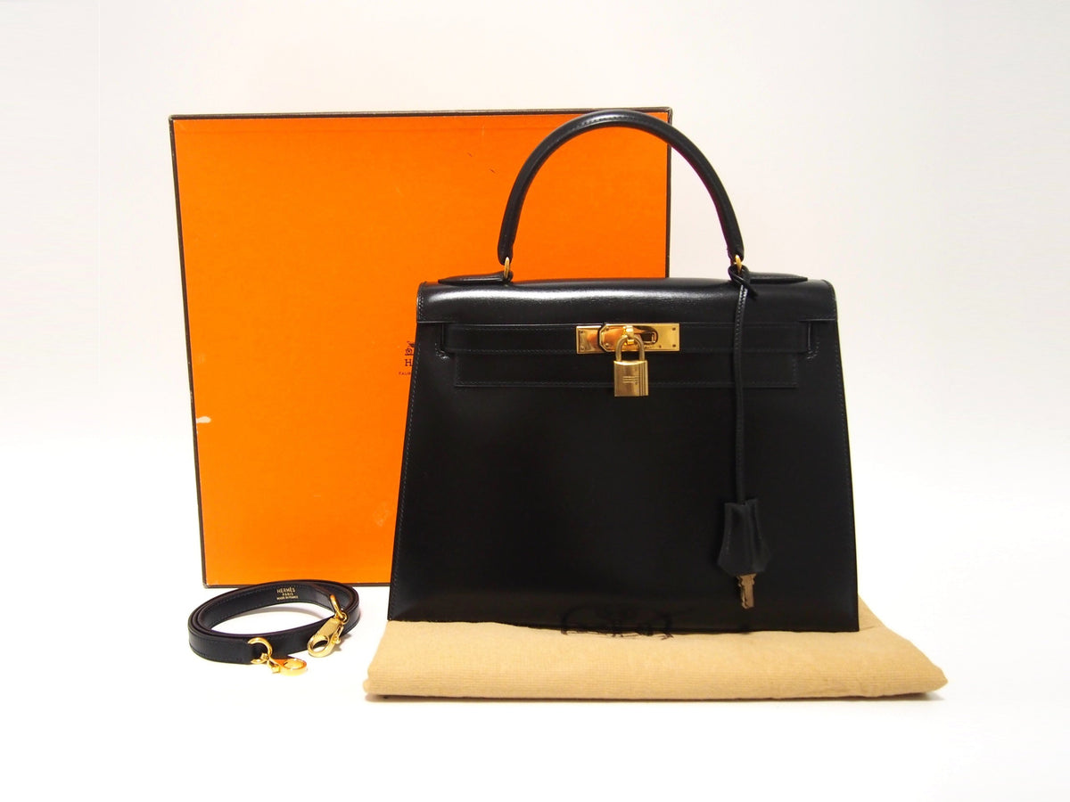 HERMES Kelly 28 box calf outer sewing black GD hardware handbag