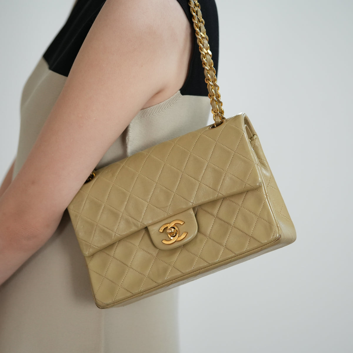 CHANEL Lambskin Matelasse Classic Gold W Double Flap Shoulder Bag beige No.3【A】