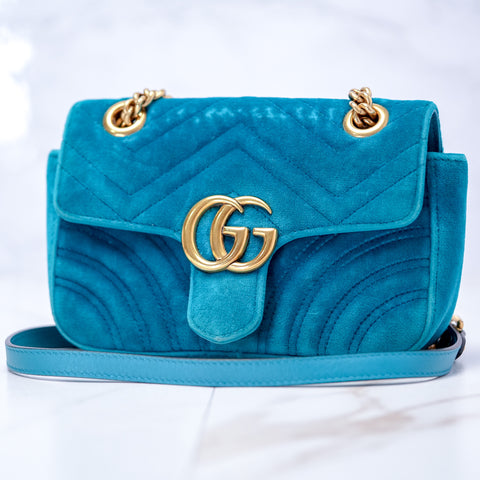 GUCCI GG Marmont Small Velvet Blue Mini Bag Chain Shoulder 446744