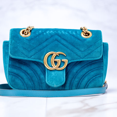 GUCCI GG Marmont Small Velvet Blue Mini Bag Chain Shoulder 446744