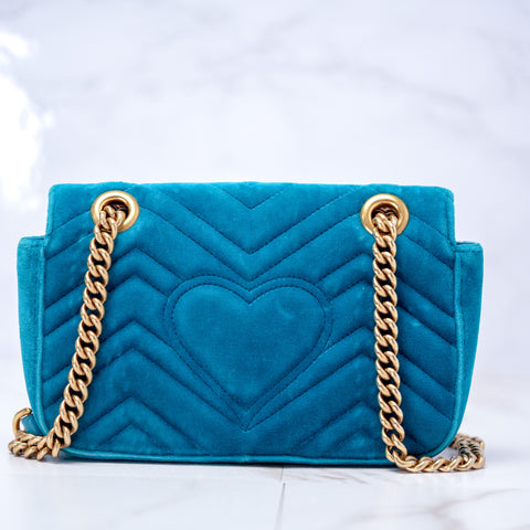 GUCCI GG Marmont Small Velvet Blue Mini Bag Chain Shoulder 446744