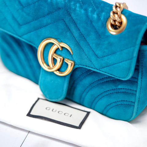 GUCCI GG Marmont Small Velvet Blue Mini Bag Chain Shoulder 446744