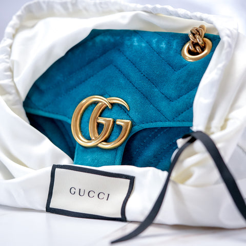 GUCCI GG Marmont Small Velvet Blue Mini Bag Chain Shoulder 446744