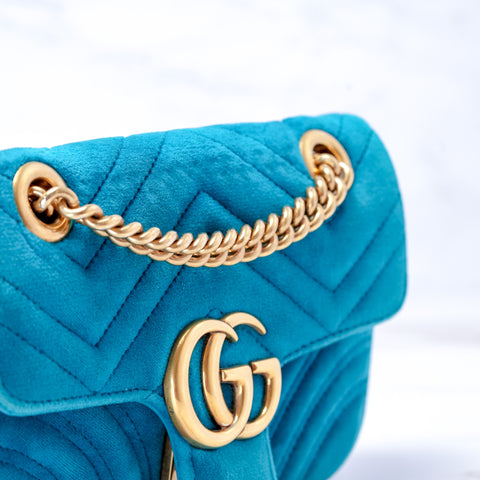 GUCCI GG Marmont Small Velvet Blue Mini Bag Chain Shoulder 446744