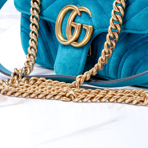 GUCCI GG Marmont Small Velvet Blue Mini Bag Chain Shoulder 446744