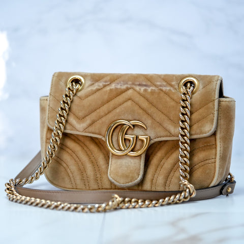 GUCCI GG Marmont Small Velvet Beige Mini Bag Chain Shoulder 446744