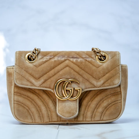 GUCCI GG Marmont Small Velvet Beige Mini Bag Chain Shoulder 446744