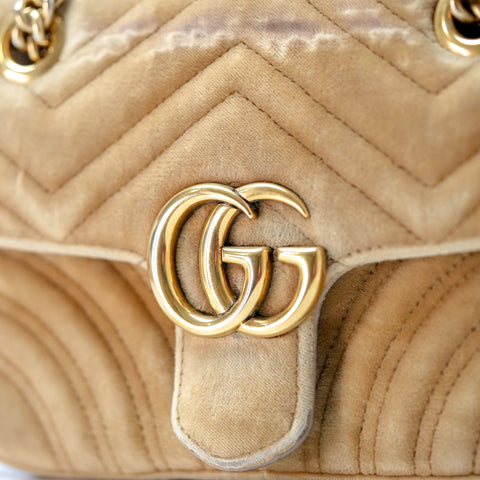 GUCCI GG Marmont Small Velvet Beige Mini Bag Chain Shoulder 446744