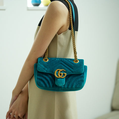 GUCCI GG Marmont Small Velvet Blue Mini Bag Chain Shoulder 446744