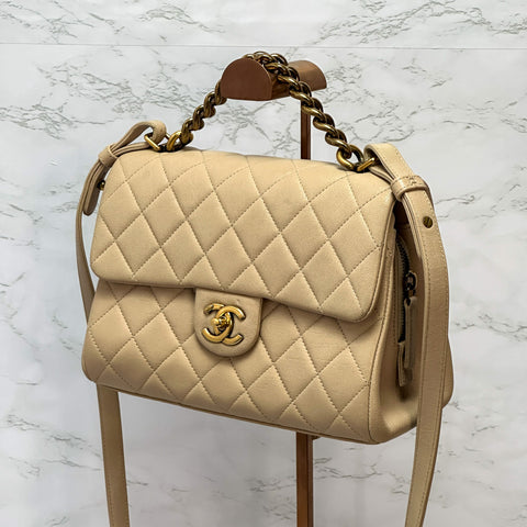 CHANEL Lambskin Matelasse Classic Gold 2Way Handle chein Shoulder Bag beige 【SS】