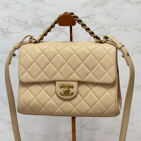 CHANEL Lambskin Matelasse Classic Gold 2Way Handle chein Shoulder Bag beige 【SS】