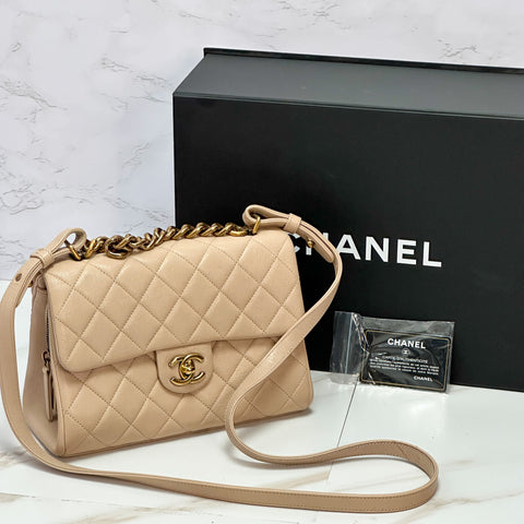 CHANEL Lambskin Matelasse Classic Gold 2Way Handle chein Shoulder Bag beige 【SS】