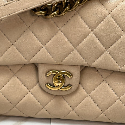 CHANEL Lambskin Matelasse Classic Gold 2Way Handle chein Shoulder Bag beige 【SS】