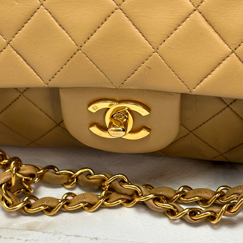 CHANEL Lambskin Matelasse Classic Gold W Double Flap Shoulder Bag beige No.3【A】