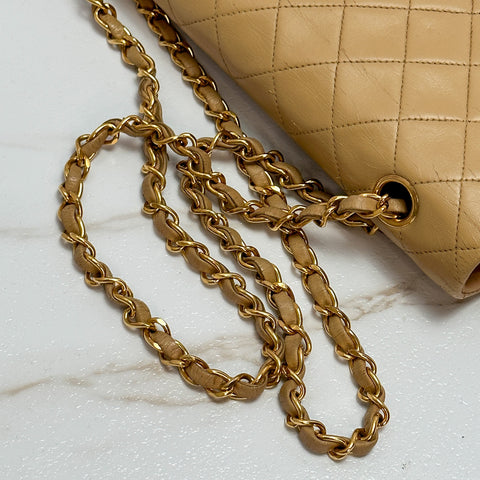 CHANEL Lambskin Matelasse Classic Gold W Double Flap Shoulder Bag beige No.3【A】