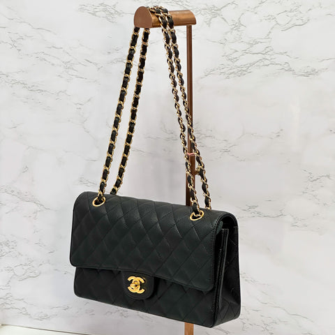 CHANEL Matelasse Caviar skin Classic Gold W Double Flap Shoulder Bag Black 【SS】