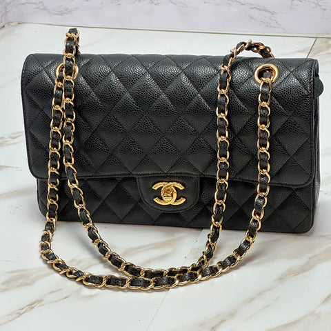 CHANEL Matelasse Caviar skin Classic Gold W Double Flap Shoulder Bag Black 【SS】