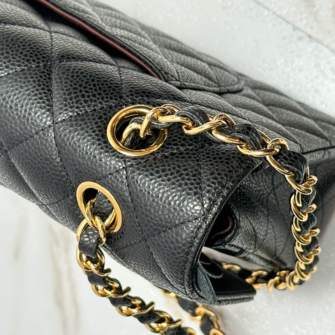 CHANEL Matelasse Caviar skin Classic Gold W Double Flap Shoulder Bag Black 【SS】