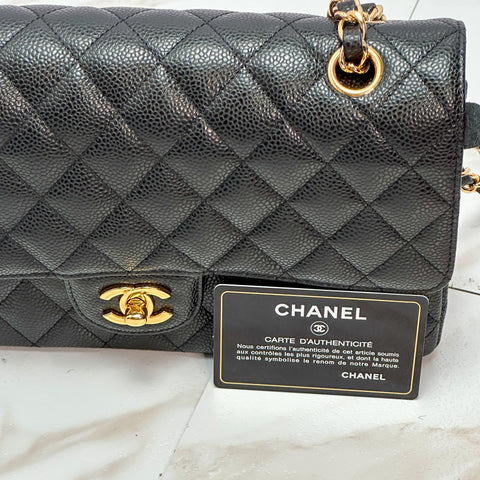 CHANEL Matelasse Caviar skin Classic Gold W Double Flap Shoulder Bag Black 【SS】