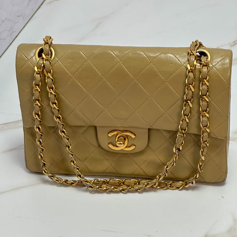 CHANEL Lambskin Matelasse Double Flap Classic Gold W Shoulder Bag beige No.2【A】