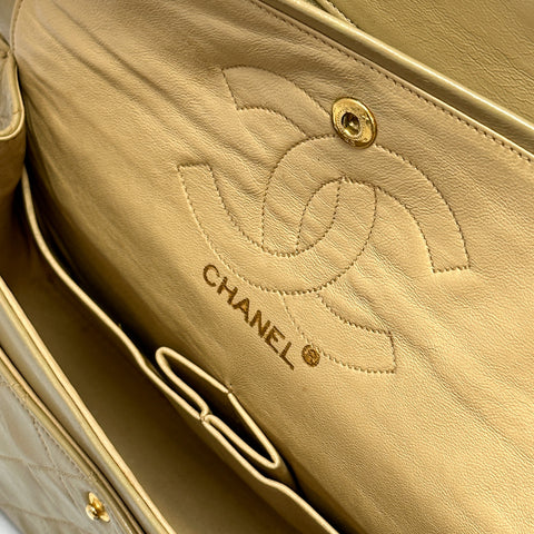 CHANEL Lambskin Matelasse Double Flap Classic Gold W Shoulder Bag beige No.2【A】