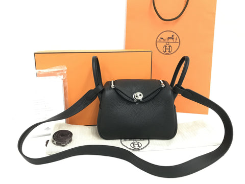 HERMES Mini Lindy Taurillon Clemence Black B Engraved SV Metal Fittings With Rain Cover With Paper Bag Shoulder Bag