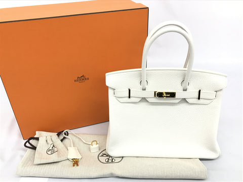 HERMES Birkin Birkin 30 White Taurillon Clemence Gold Hardware T Engraved Bag Handbag