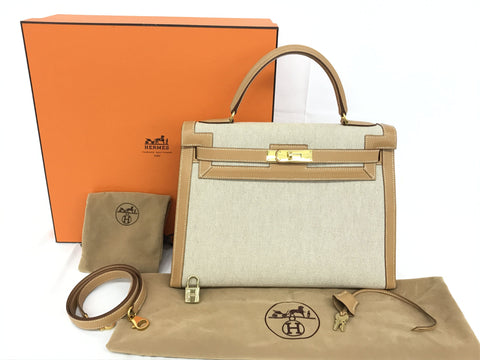 HERMES Kelly 32 Toile □B Handbag