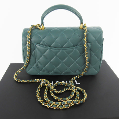 CHANEL Mini Matelasse Top Handle Mini Flap Bag Moss Green Green Antique Gold Hardware Lambskin AS2431 Random Serial Plate With Protective Seal Unused Shoulder Bag