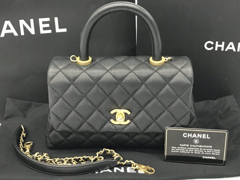 CHANEL Caviar Skin Top Handle Coco Handle XS Caviar Skin Black Gold Hardware Handbag