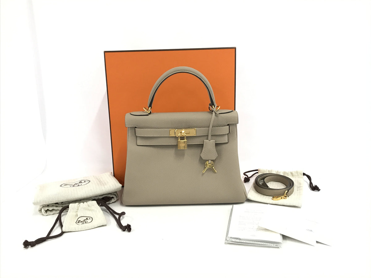 HERMES Kelly Kelly 28 Togo Tourtiere Gray GD Hardware C Engraved Handbag