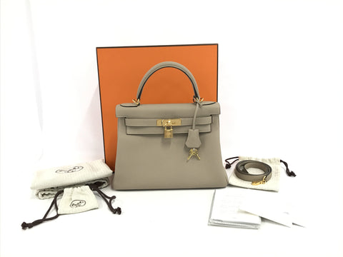 HERMES Kelly Kelly 28 Togo Tourtiere Gray GD Hardware C Engraved Handbag