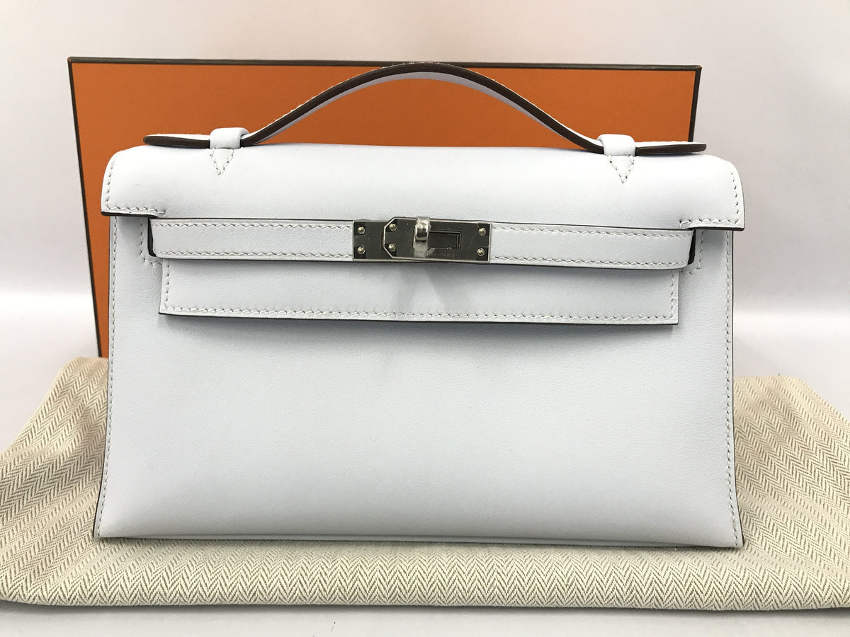 HERMES Pochette Kelly Blue Brum Silver Hardware Z Engraved Handbag