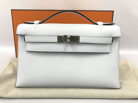HERMES Pochette Kelly Blue Brum Silver Hardware Z Engraved Handbag