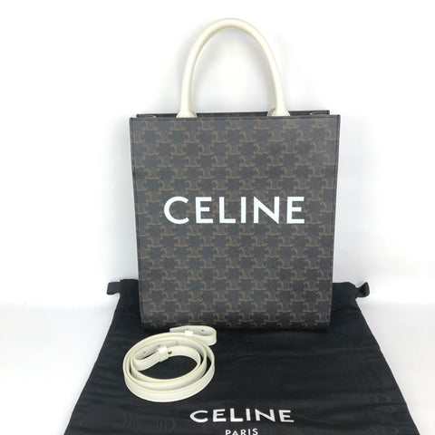 CELINE Vertical Cover Small Triomphe PVC x Leather 2WAY Tote Bag Shoulder Bag Brown x White Tote Bag