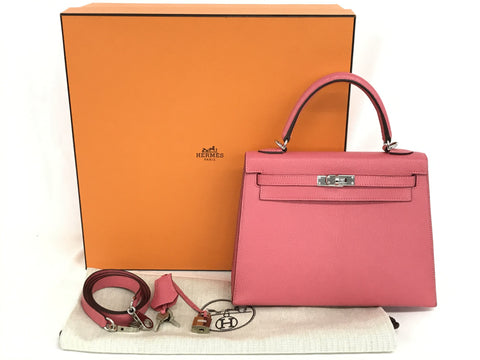 HERMES Kelly Kelly 25 Chevre Rose Azare Silver Hardware Handbag