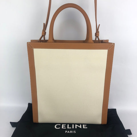 CELINE CELINE Vertical Cover Small Canvas x Leather 2WAY Shoulder Bag Handbag Tan Beige x White Tote Bag