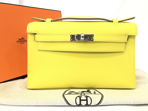HERMES Unused Pochette Kelly Swift Lime SV Metal Fittings U Engraved Handbag