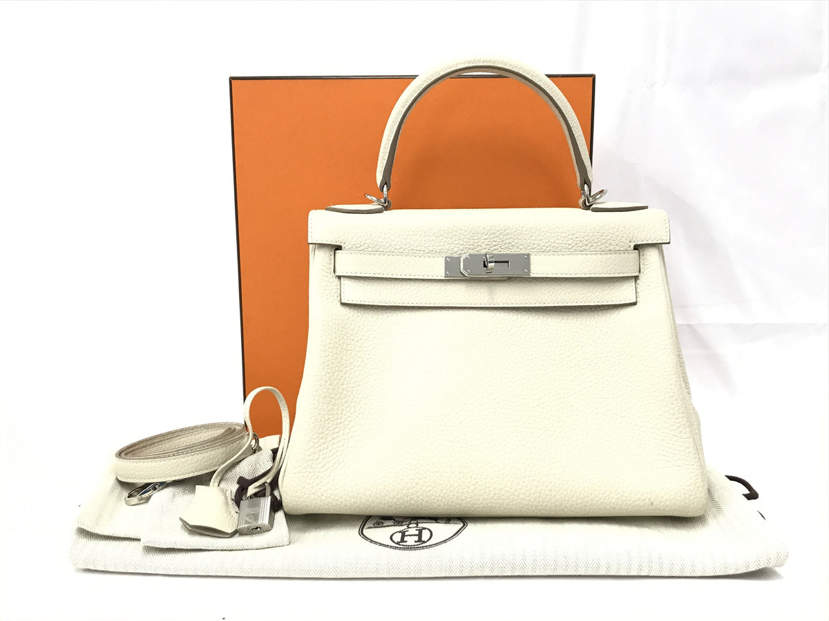 HERMES Kelly Kelly 28 Togo White SV Metal Fitting Z Engraved Handbag