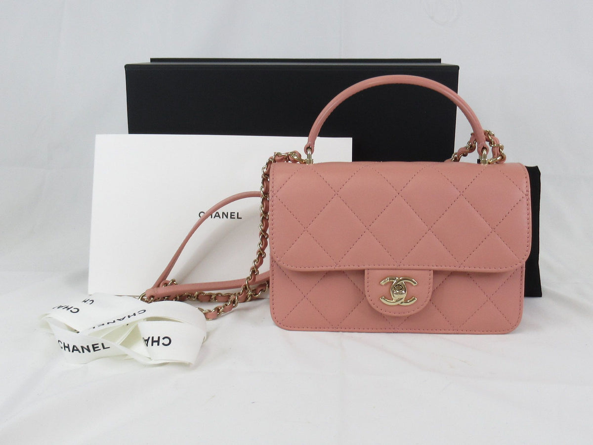 CHANEL lambskin matelasse top handle 2WAY pink handbag