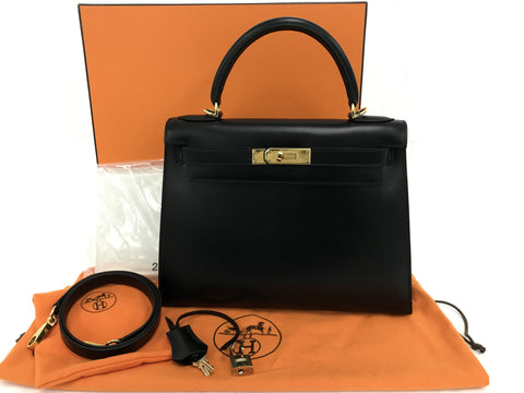 HERMES Kelly Kelly 28 box calf outer stitching G bracket black □F (2002) handbag