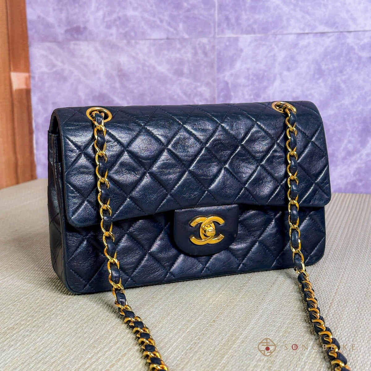 Chanel Matelasse Lambskin Double Flap Double Chain Bag Black Gold Metal 【S】