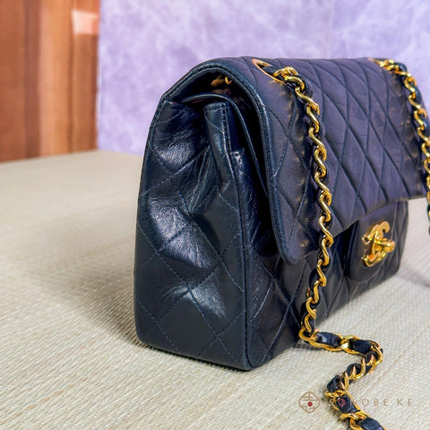 Chanel Matelasse Lambskin Double Flap Double Chain Bag Black Gold Metal 【S】