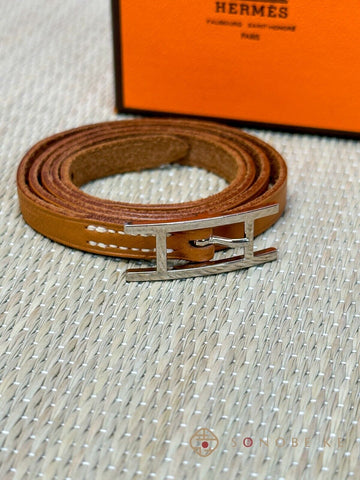 HERMES Api Ⅲ Wrap Long Bracelet Bangle Choker Leather Brown Accessory 【A】