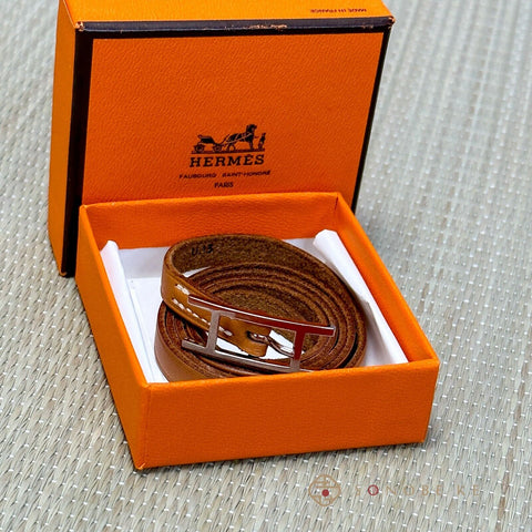 HERMES Api Ⅲ Wrap Long Bracelet Bangle Choker Leather Brown Accessory 【A】