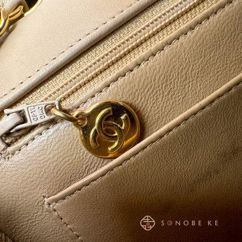 Chanel Diana flap matelasse beige Lambskin Chain Shoulder Bag CC Logo No.2【A】