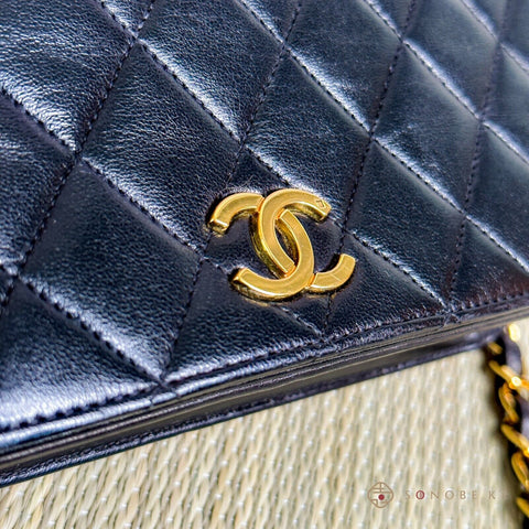 CHANEL Matelasse Full Flap Chain Shoulder Bag Clutch Black Quilted Lambskin 【S】