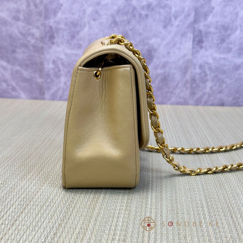 Chanel Diana flap matelasse beige Lambskin Chain Shoulder Bag CC Logo No.2【A】